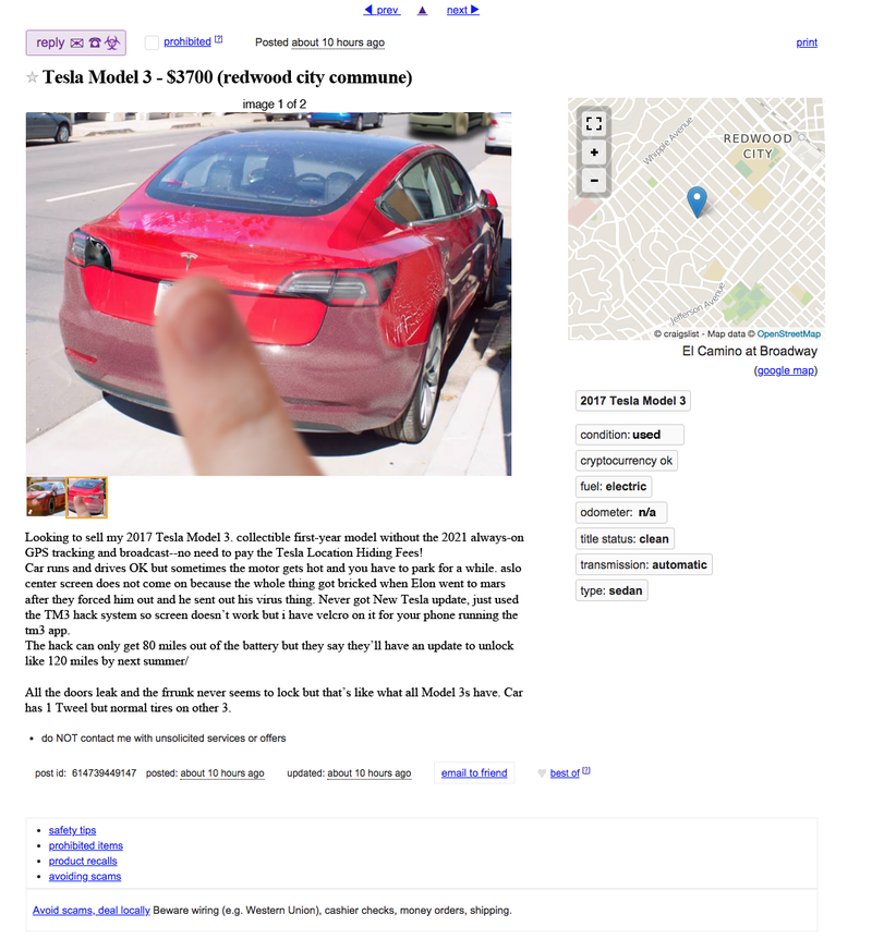 Illustration for article titled Craigslist Ads From The Future: Tesla Model 3